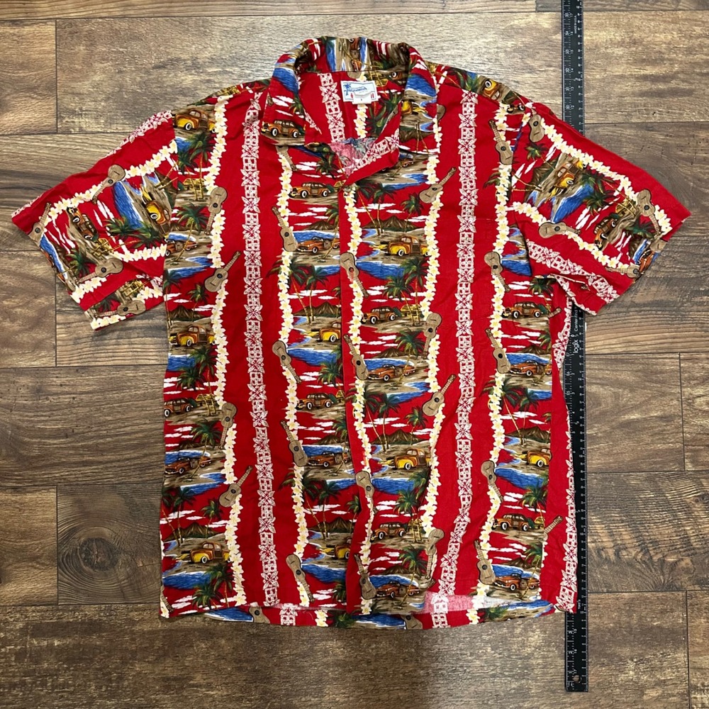 Hawaii Hawaiian‎ Shirt Mens L Red Ukulele Car Palm Tree Camp Aloha Vacation